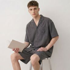 批发夏季新款纯棉男士翻领开衫短袖短裤睡衣男休闲家居服套装