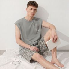 批发夏季新款纯棉男士圆领套头背心短裤睡衣男休闲家居服套装