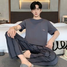 夏季短袖长裤男士睡衣圆领套头220斤加大码宽松家居服套装