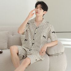 批发2026夏季新款开衫翻领短袖短裤睡衣情侣女士男士家居服套装可外穿