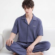 批发纯棉短袖+短裤+长裤三件套<b class='q'>男</b>士睡衣夏季开衫简约可外穿家居服