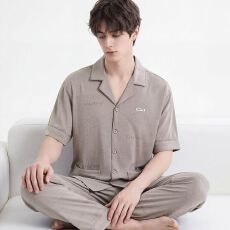 批发纯棉短袖+短裤+长裤三件套<b class='q'>男</b>士睡衣夏季开衫简约可外穿家居服