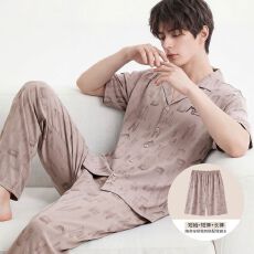 批发纯棉短袖+短裤+长裤三件套<b class='q'>男</b>士睡衣夏季开衫简约可外穿家居服