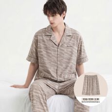 批发纯棉短袖+短裤+长裤三件套<b class='q'>男</b>士睡衣夏季开衫简约可外穿家居服