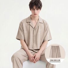 批发纯棉短袖+短裤+长裤三件套<b class='q'>男</b>士睡衣夏季开衫简约可外穿家居服