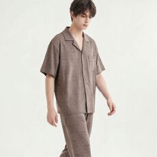 批发纯棉短袖+短裤+长裤三件套<b class='q'>男</b>士睡衣夏季开衫简约可外穿家居服