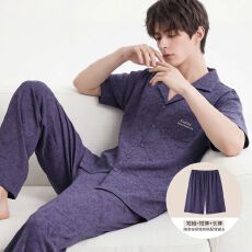 批发纯棉短袖+短裤+长裤三件套<b class='q'>男</b>士睡衣夏季开衫简约可外穿家居服