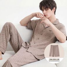 批发纯棉短袖+短裤+长裤三件套<b class='q'>男</b>士睡衣夏季开衫简约可外穿家居服