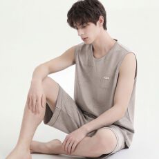 批发纯棉背心短裤<b class='q'>男</b>士睡衣夏季新款圆领休闲简约可外穿家居服套装