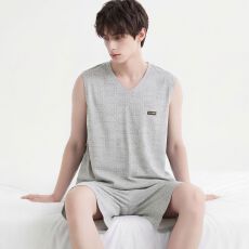 批发纯棉背心短裤<b class='q'>男</b>士睡衣夏季新款圆领休闲简约可外穿家居服套装