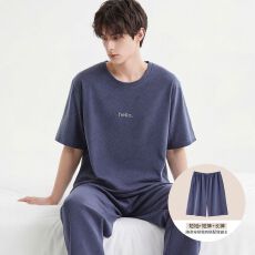 批发纯棉短袖+短裤+长裤三件套<b class='q'>男</b>士睡衣夏季套头简约可外穿家居服