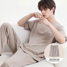 批发纯棉短袖+短裤+长裤三件套<b class='q'>男</b>士睡衣夏季套头简约可外穿家居服