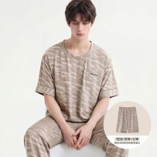 批发纯棉短袖+短裤+长裤三件套<b class='q'>男</b>士睡衣夏季套头简约可外穿家居服