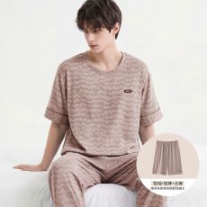 批发纯棉短袖+短裤+长裤三件套<b class='q'>男</b>士睡衣夏季套头简约可外穿家居服