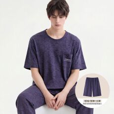 批发纯棉短袖+短裤+长裤三件套<b class='q'>男</b>士睡衣夏季套头简约可外穿家居服