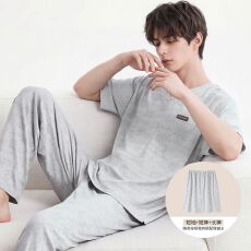 批发纯棉短袖+短裤+长裤三件套<b class='q'>男</b>士睡衣夏季套头简约可外穿家居服