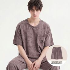 批发纯棉短袖+短裤+长裤三件套<b class='q'>男</b>士睡衣夏季套头简约可外穿家居服
