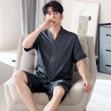 批发夏季新款冰雪丝睡衣<b class='q'>男</b>士短袖短裤开衫和尚领套装简约休闲家居服<b class='q'>男</b>