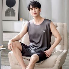 批发2026夏季新款冰丝背心睡衣<b class='q'>男</b>士无袖短裤套头简约休闲雪丝绸家居服