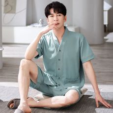 批发6535棉睡衣男士夏季和服V领短袖短裤宽松休闲家居服套装2026新款