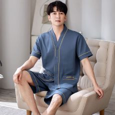 批发6535棉睡衣男士夏季和服V领短袖短裤宽松休闲家居服套装2026新款