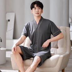 6535棉睡衣男士夏季和服V领短袖短裤宽松休闲家居服套装2026新款