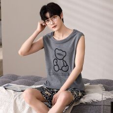 批发6535棉睡衣男士夏季背心短裤圆领套头宽松休闲家居服套装2026新款