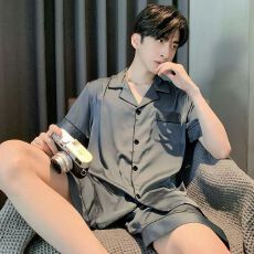 批发男士<b class='q'>睡衣</b>夏季冰丝纯色套装2026年新款<b class='q'>大码</b>仿真丝绸薄款家居服外穿