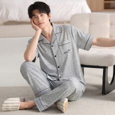 批发<b class='q'>夏季</b>新款纯棉男士短袖长裤开衫翻领<b class='q'>睡衣</b>休闲男家居服