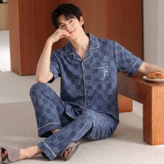 批发<b class='q'>夏季</b>新款纯棉男士短袖长裤开衫翻领<b class='q'>睡衣</b>休闲男家居服