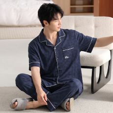 批发<b class='q'>夏季</b>新款纯棉男士短袖长裤开衫翻领<b class='q'>睡衣</b>休闲男家居服