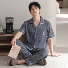 批发<b class='q'>夏季</b>新款纯棉男士短袖长裤开衫翻领<b class='q'>睡衣</b>休闲男家居服