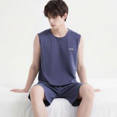 批发夏季新款纯棉男背心短裤套装睡衣运动休闲男家居服