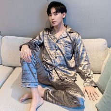 批发夏季冰丝男士睡衣开衫长袖长<b class='q'>裤</b><b class='q'>宽松</b>休闲时尚简约家居服套