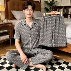 批发男士云朵棉简约格纹英文休闲短袖短裤长裤睡衣家居服套装