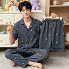 批发男士云朵棉灰色高级英文休闲短袖短裤长裤睡衣家居服套装