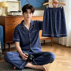 批发男士云朵棉灰色高级英文休闲短袖短裤长裤睡衣家居服套装