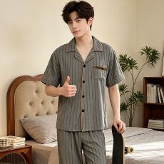 男士云朵棉简约竖条休闲宽松短袖长裤睡衣家居服套装