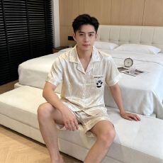 夏季睡衣男冰雪丝短袖短裤两件套卡通绣花翻领开衫外穿薄款家居服