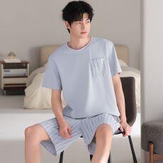 批发2026年新款<b class='q'>纯棉</b><b class='q'>睡衣</b>男士夏季短袖短裤圆领简约休闲青年宽松家居服