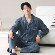 批发仿棉180克面料 新款<b class='q'>男士</b>家居服双长简约条纹男装开衫套装可外出