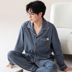 批发仿棉180克面料 新款<b class='q'>男士</b>家居服双长复古格纹男装开衫套装可外出