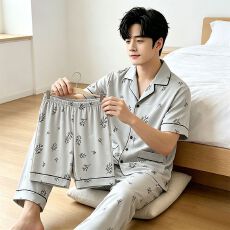 批发夏季<b class='q'>男士</b><b class='q'>睡衣</b>休闲简约风浅灰枝桠三件套男装加大码仿棉开衫家居服