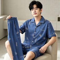 批发藏蓝字母男士<b class='q'>睡衣</b>夏季仿棉开衫短袖<b class='q'>三件套</b>装男款加大码休闲家居服