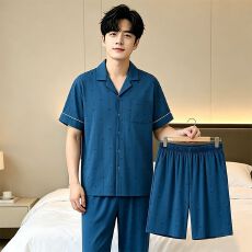 批发雾蓝星纹男士<b class='q'>睡衣</b>夏季男款开衫短袖<b class='q'>三件套</b>装高级感大码男装家居服