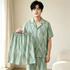 批发夏季男士<b class='q'>睡衣</b>青川雾影仿棉男装开衫短袖<b class='q'>三件套</b>大码休闲男款家居服