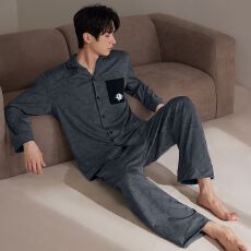 批发慵懒小猫<b class='q'>男装</b>开衫套装 仿棉180克面料 新款家居服男士套装