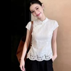 批发洋气夏季新款时尚新中式国风盘扣<b class='q'>衬衫</b>女蕾丝镂空<b class='q'>显瘦</b>设计小衫上衣