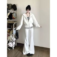 批发早秋纯欲风辣妹三件套连帽卫衣修身条纹抹胸高腰微喇叭<b class='q'>裤</b>