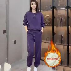 批发时尚秋冬新款休闲运动卫衣套装女加绒加厚圆领长袖上衣卫裤两件套